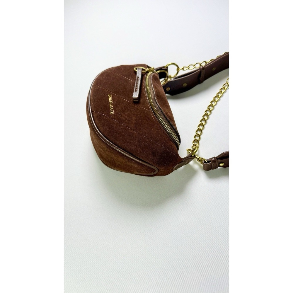 Cherimate Brown Suede Crescent Bag with Gold Chain & Adjustable Strap